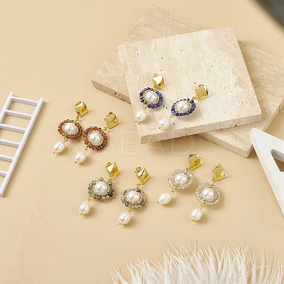 4 Pair 4 Style Natural Mixed Gemstone & Shell Pearl Beaded Flower Dangle Stud Earrings EJEW-JE05076-1