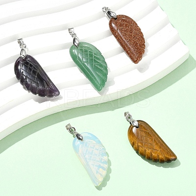 5Pcs 5 Colors Opalite & Synthetic Goldstone & Natural Tiger Eye & Amethyst & Green Aventurine Carved Pendants G-YW0002-41-1