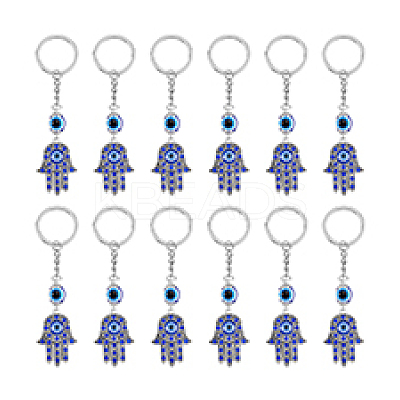 12Pcs Hamsa Hand with Evil Eye Alloy Rhinestones Keychains KEYC-DC0001-25-1
