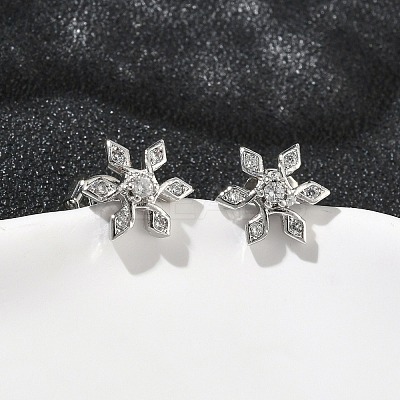 Flower Brass Micro Pave Clear Cubic Zirconia Stud Earrings EJEW-F383-07P-1