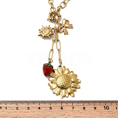 304 Stainless Steel Red Enamel Strawberry Sunflower Sun Pendant Necklaces for Women NJEW-G181-12G-1