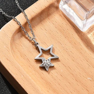 304 Stainless Steel Crystal Rhinestone Double Star Pendant Cable Chain Necklaces LS-NJEW-Z056-02A-P-1
