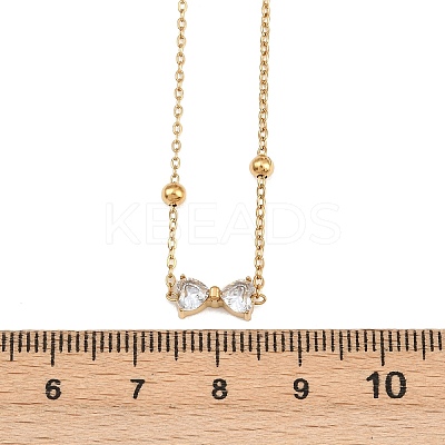 304 Stainless Steel Pave Clear Cubic Zirconia Bowknot Pendant Necklaces for Women LS-NJEW-G179-08G-1