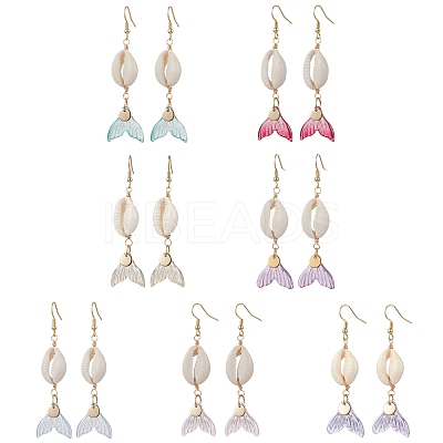 7 Pairs Natural Cowrie Shell Glass Dangle Earrings EJEW-JE06385-1