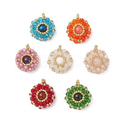 7Pcs 7 Colors Natural Carnelian & Mashan Jade & Amethyst & Tiger Eye & Rose Quartz & Glass Seed Beaded Flat Round Pendants PALLOY-MZ00950-1