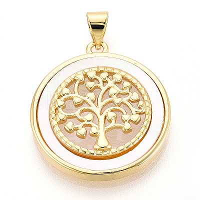 Brass Pave Natural Shell Hollow Flat Round with Tree of Life Pendants KK-N268-26G-1