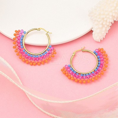 304 Stainless Steel & Bohemian Beaded Fan Hoop Earrings for Women EJEW-R001-01G-05-1