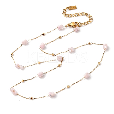 304 Stainless Steel with Dyed Pink Natural Shell Disc Beads Link Chain Necklaces for Women NJEW-K255-46G-1