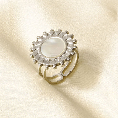 304 Stainless Steel with Natural Shell Cuff Open Rings for Women PR1081-1-1