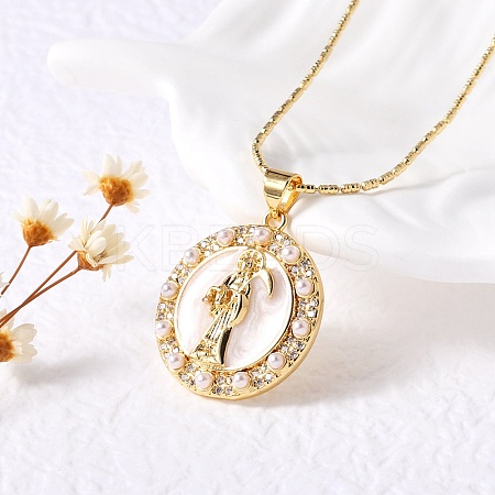 Flat Round with Santa Muerte Brass Micro Pave Cubic Zirconia Pendant Necklaces NJEW-S385-03B-G-1