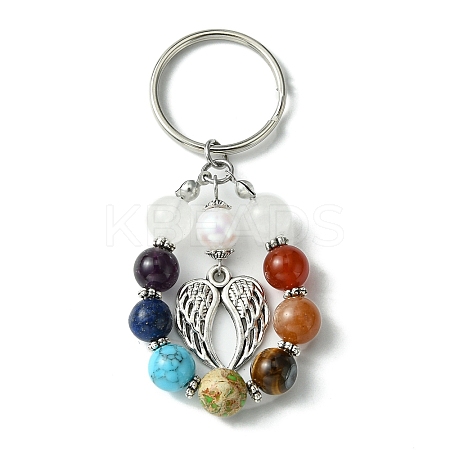 7 Chakra Gemstone Bead Pendant Keychain with Tibetan Style Alloy Charm KEYC-JKC00539-04-1