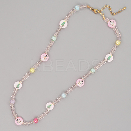 Christmas Theme Glass & Imitation Pearl & Brass Flat Round Beaded Necklaces GF3195-12-1
