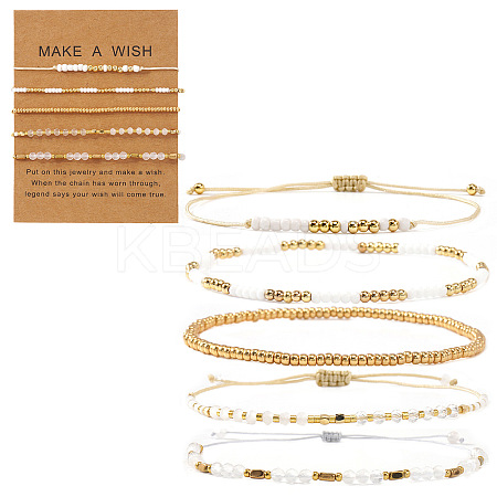 5Pcs Glass & Metal Gold & White Beaded Bracelet Sets AB9103-3-1