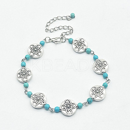 Bohemian Synthetic Turquoise & Alloy with Carved Flowers Link Bracelets XI0721-1-1