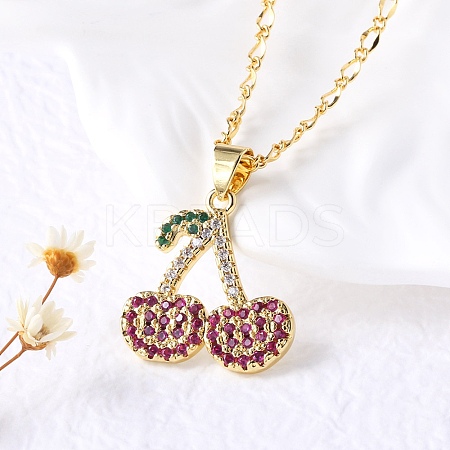 Brass Micro Pave Camellia Cubic Zirconia Fruit Pendant Necklaces for Women NJEW-U042-02B-G-1