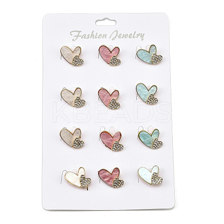 12Pcs 3 Colors Double Heart Alloy Rhinestone Brooches for Backpack Clothes JEWB-A033-01G-1