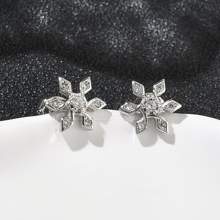 Flower Brass Micro Pave Clear Cubic Zirconia Stud Earrings EJEW-F383-07P-1