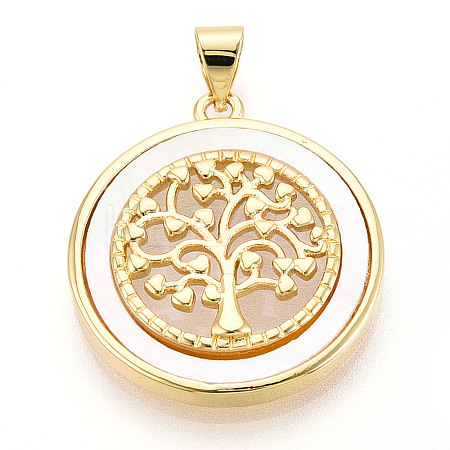 Brass Pave Natural Shell Hollow Flat Round with Tree of Life Pendants KK-N268-26G-1