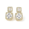 Square Brass Pave Clear Cubic Zirconia Stud Earrings EJEW-L285-003G-1