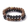 Natural Lava Rock & Wooden Round Beaded Stretch Bracelet BJEW-JB10075-01-1