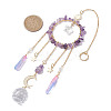 Natural Amethyst Chip Pendant Decorations with Brass Moon & Cable Chain & Electroplated Quartz Crystal Tassel HJEW-JM01650-03-3