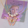 Alloy Enamel & Round Imitation Pearl Double Layered Butterfly Pendant Necklaces for Women WG304A4-01-2