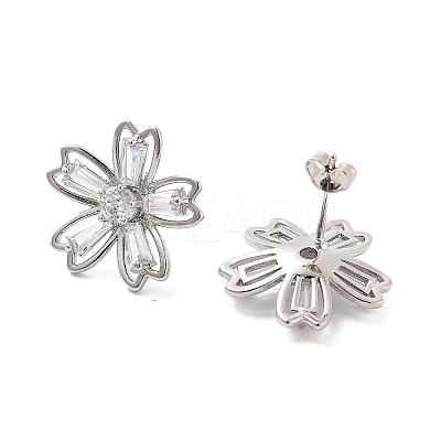 Rack Plating Flower Brass Micro Pave Clear Cubic Zirconia Stud Earrings EJEW-M029-01B-P-1