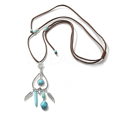 Bohemian Style Alloy Feather & Synthetic Turquoise Heart Long Pendant Necklaces for Women LS-NJEW-G158-01A-1