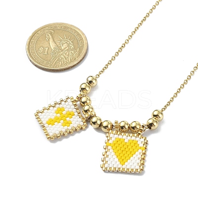 Rectangle with Cross & Heart Glass Seed Beaded Pendant Necklace NJEW-MZ00015-01-1