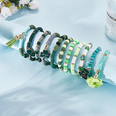 11Pcs 11 Style Alloy Enamel Clover & Cloth Flower Tassel Charm Stretch Bracelets Set BJEW-SW00101-1