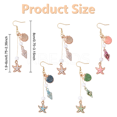 304 Stainless Steel Starfish with Shell Shape Dangle Earrings EJEW-YW00012-01-1