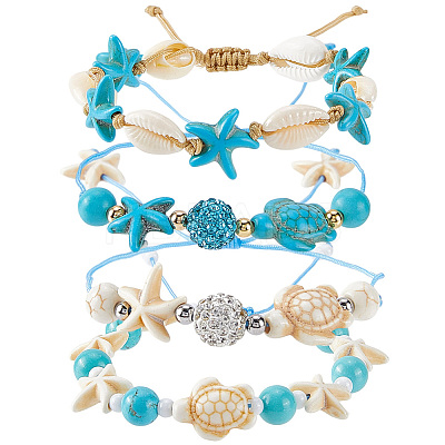 4Pcs 4 Style Turtle & Starfish & Round Synthetic Green Turquoise Braided Beaded Bracelets Sets BJEW-SC0001-43-1