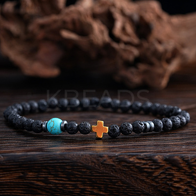 Natural Lava Rock & Synthetic Turquoise Round & Synthetic Non-magnetic Hematite Corss Beaded Stretch Bracelets SL0705-1
