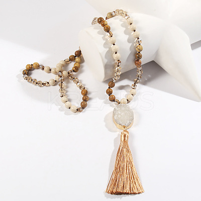 Bohemian Oval Natural Druzy Agate Tassel Pendant Necklaces FS-WGAFDEB-04-1