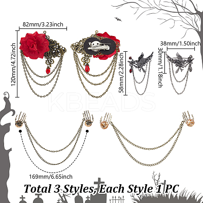 3Pcs 3 Styles Gothic Style Alloy Rhinestone Hanging Chain Brooches JEWB-GA0001-46-1
