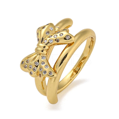 Bowknot Brass Micro Pave Clear Cubic Zirconia Double Rings RJEW-Z050-26G-1