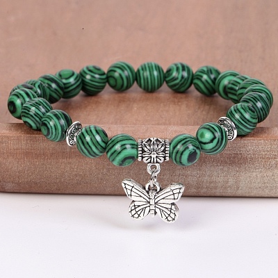 8MM Round Dyed Synthetic Malachite Beaded Stretch Bracelets with Alloy Butterfly Charms FQ7211-26-1