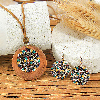 Ethnic Style Alloy Enamel & Wood Pendant Necklaces & Dangle Earrings Sets WG3F4B9-03-1
