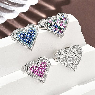 Heart Brass Micro Pave Cubic Zirconia Cuff Rings for Women RJEW-A069-12P-1