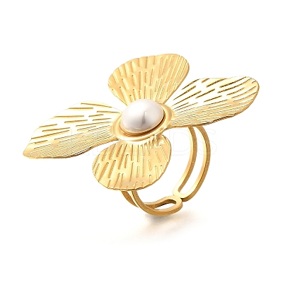 Flower Stainless Steel Open Cuff Ring for Women RJEW-R006-02G-1