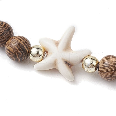 Summer Beach Starfish Dyed Synthetic Turquoise & 6mm Round Wenge Wood Beaded Stretch Bracelets for Women BJEW-JB10514-02-1