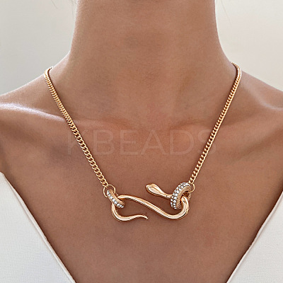 Crystal Rhinestone Snake Pendant Necklace with Alloy Curb Chains for Women NJEW-I118-02KCG-1