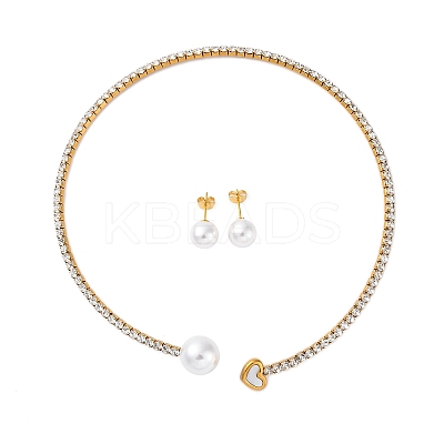 Round Plastic Imitation Pearl Stud Earrings & Rhinestone Cuff Choker Necklaces Sets SJEW-U003-11G-1