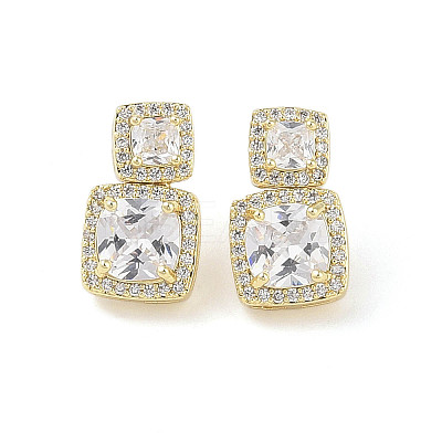 Square Brass Pave Clear Cubic Zirconia Stud Earrings EJEW-L285-003G-1