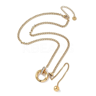 304 Stainless Steel Micro Pave Clear Cubic Zirconia Ring Pendant Twisted Chain Lariat Necklaces NJEW-P318-01G-1
