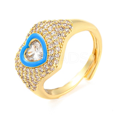 Enamel Heart Adjustable Ring with Clear Cubic Zirconia RJEW-Q781-01G-02-1