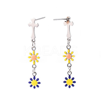 Cross with Flower Enamel Long Dangle Stud Earrings EJEW-N049-01B-1