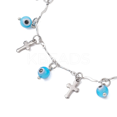 Handmade Evil Eye Lampwork & 304 Stainless Steel Cross Tassel Bar Link Chain Anklets for Women AJEW-AN00741-03-1