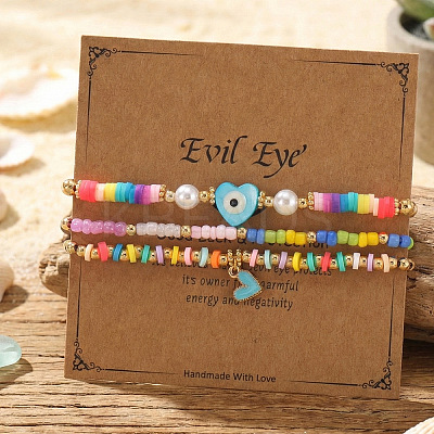 3Pcs Glass Seed Bead & Resin & Brass Braided Bead Bracelets LW3639-4-1