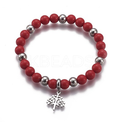 Natural & Synthetic Mixed Stone Round Beaded Stretch Charm Bracelets BJEW-L648-08-1